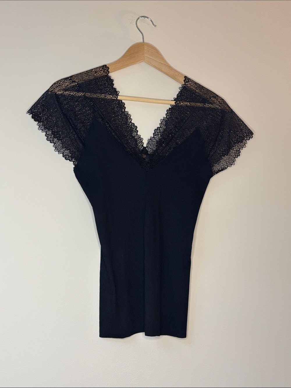 Maje Black Lace Trim V Neck Tank Top